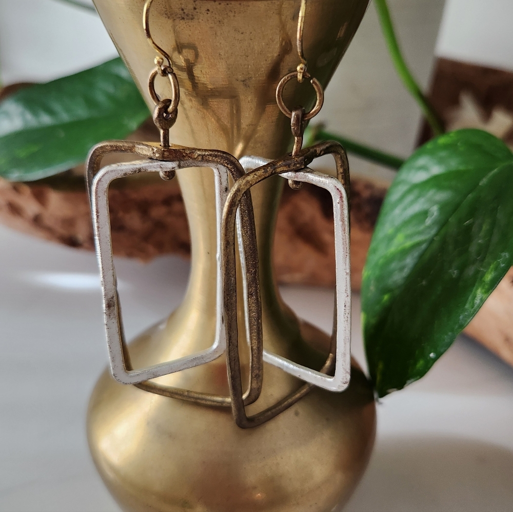 Rustic Gold And Silver Rectangular Earrings - image 5